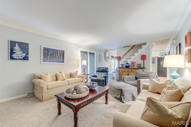 2211 Viewroyal Dr, Des Peres, MO 63131 - living area with crown molding, stairway, and carpet flooring
