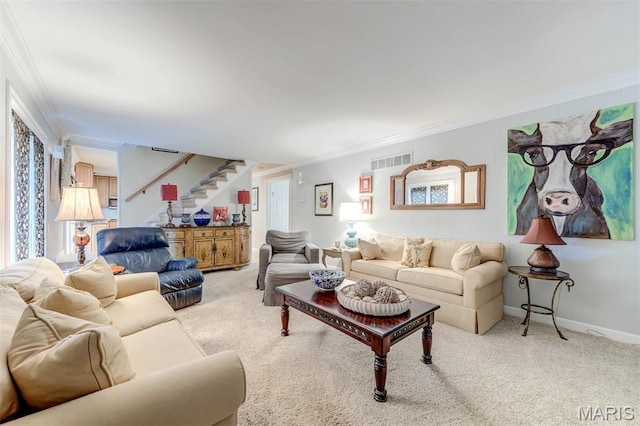 2211 Viewroyal Dr, Des Peres, MO 63131 - carpeted living room with stairway and ornamental molding