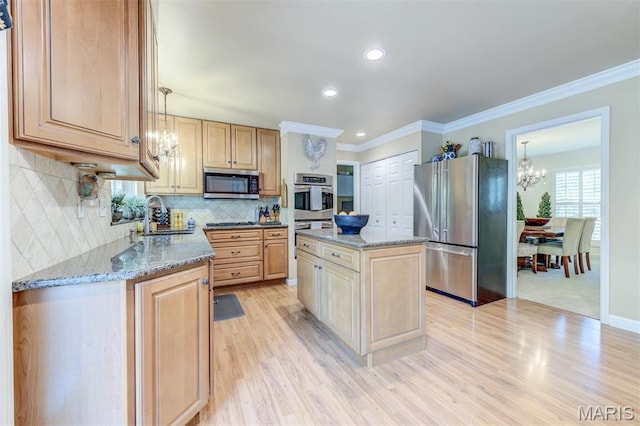 2211 Viewroyal Dr, Des Peres, MO 63131 - kitchen featuring appliances with stainless steel finishes, a chandelier, crown molding, light wood-style flooring, and light stone countertops
