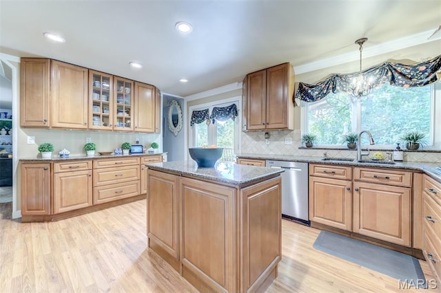 2211 Viewroyal Dr, Des Peres, MO 63131 - kitchen featuring dishwasher, light wood-style floors, tasteful backsplash, light stone counters, and crown molding
