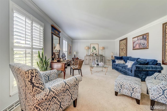 2211 Viewroyal Dr, Des Peres, MO 63131 - carpeted living area with ornamental molding
