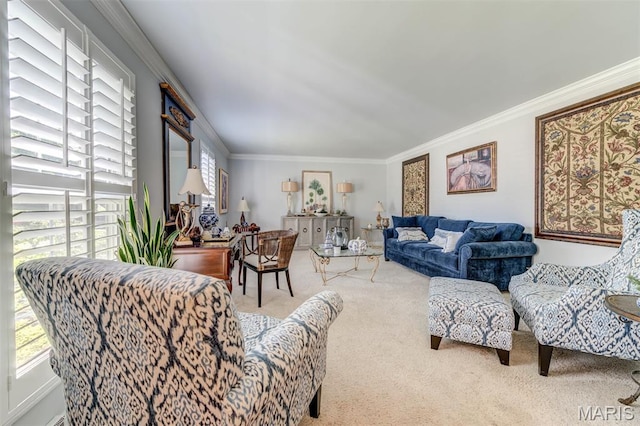 2211 Viewroyal Dr, Des Peres, MO 63131 - carpeted living area featuring ornamental molding
