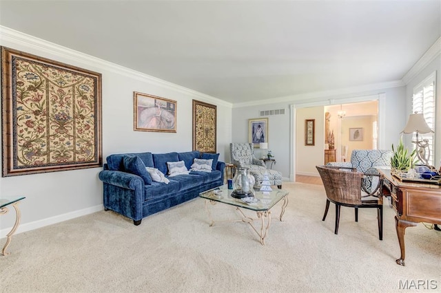 2211 Viewroyal Dr, Des Peres, MO 63131 - living room featuring ornamental molding and light colored carpet