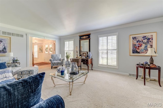 2211 Viewroyal Dr, Des Peres, MO 63131 - living room featuring ornamental molding and carpet floors
