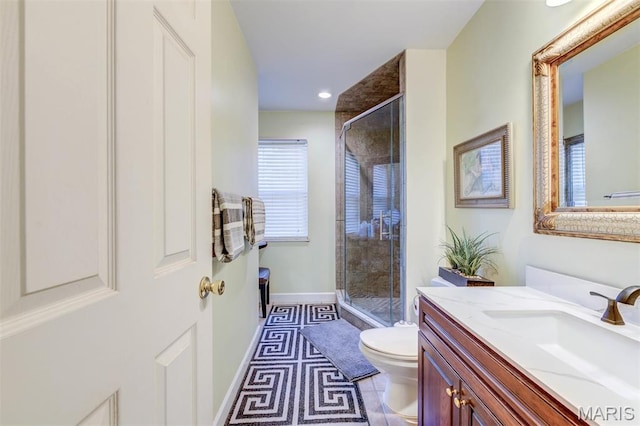 2211 Viewroyal Dr, Des Peres, MO 63131 - full bathroom featuring vanity, a shower stall, recessed lighting, and tile patterned flooring