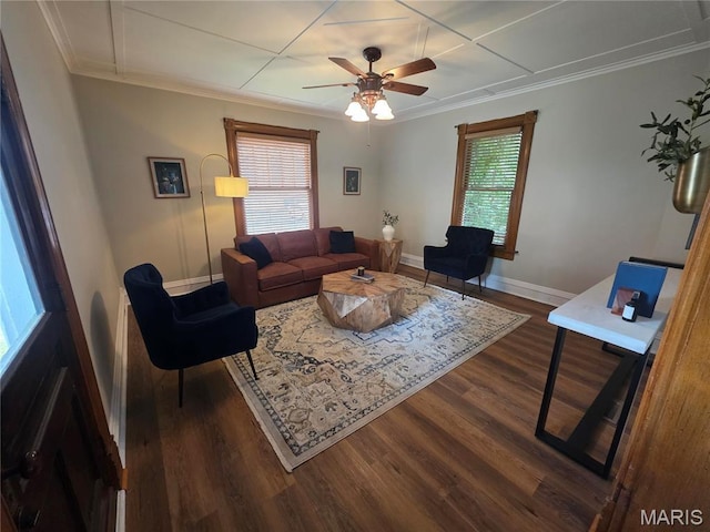 371 Jefferson St, Saint Genevieve, MO 63670 - living room with dark wood-type flooring, ceiling fan, and ornamental molding