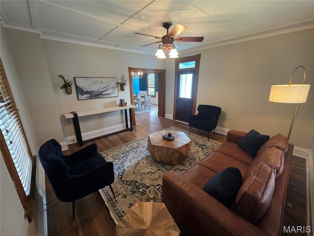 371 Jefferson St, Saint Genevieve, MO 63670 - living room with ceiling fan, wood finished floors, and crown molding