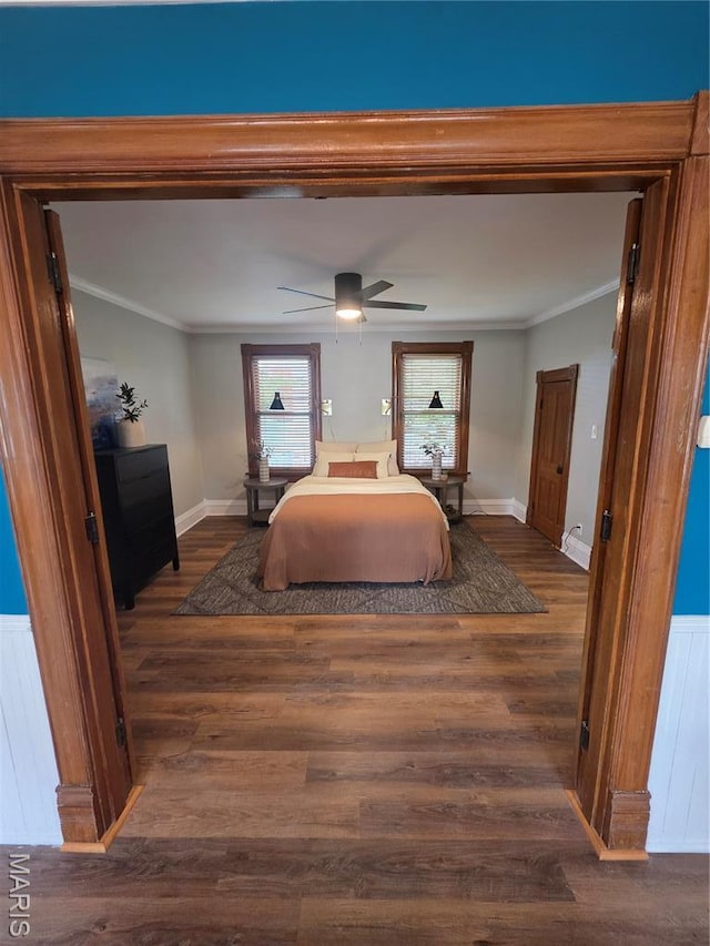 371 Jefferson St, Saint Genevieve, MO 63670 - bedroom featuring crown molding, dark wood-style flooring, and a ceiling fan