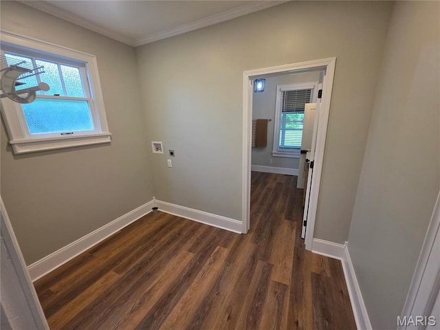 371 Jefferson St, Saint Genevieve, MO 63670 - washroom featuring hookup for a washing machine, dark wood finished floors, hookup for an electric dryer, and ornamental molding