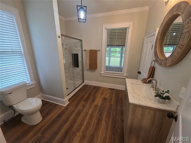371 Jefferson St, Saint Genevieve, MO 63670 - full bath with wood finished floors, a stall shower, vanity, and crown molding