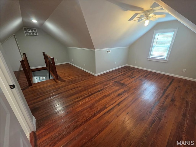 371 Jefferson St, Saint Genevieve, MO 63670 - additional living space with vaulted ceiling, a ceiling fan, and dark wood-type flooring