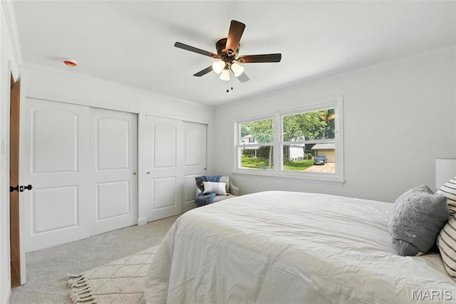15282 Springrun Dr, Chesterfield, MO 63017 - carpeted bedroom with crown molding, multiple closets, and a ceiling fan