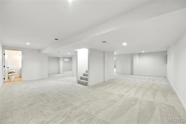 15282 Springrun Dr, Chesterfield, MO 63017 - finished below grade area with light carpet, recessed lighting, and stairway