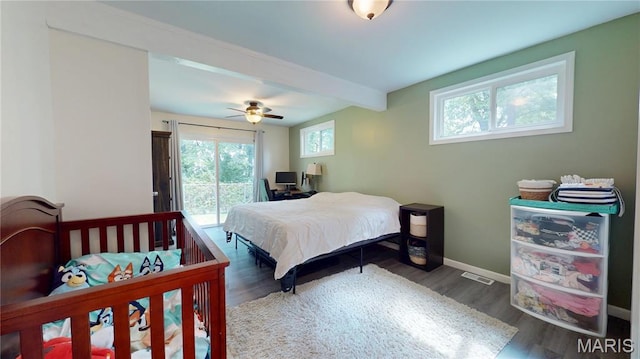 224 Lucinda Dr, Fairview Heights, IL 62208 - bedroom featuring access to exterior, wood finished floors, beam ceiling, and a ceiling fan