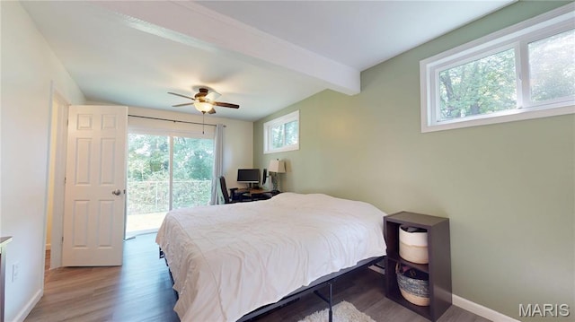 224 Lucinda Dr, Fairview Heights, IL 62208 - bedroom featuring access to outside, wood finished floors, beamed ceiling, and ceiling fan