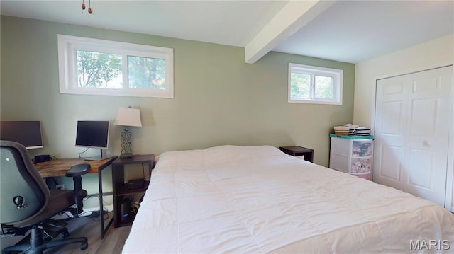 224 Lucinda Dr, Fairview Heights, IL 62208 - bedroom featuring beam ceiling, wood finished floors, a closet, and a desk