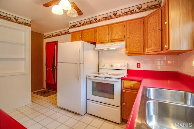 971 Cedar Dr, Wood River, IL 62095 - kitchen with white appliances, under cabinet range hood, a ceiling fan, brown cabinetry, and tasteful backsplash