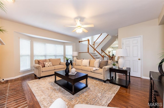 602 Whispering Willows Ct, Ballwin, MO 63021 - living area with a ceiling fan, stairs, and dark wood finished floors