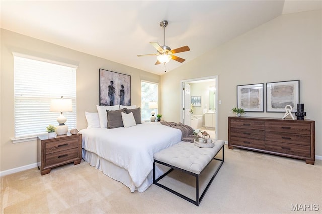 602 Whispering Willows Ct, Ballwin, MO 63021 - bedroom featuring lofted ceiling, light colored carpet, connected bathroom, and ceiling fan