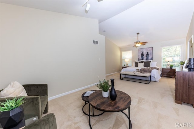 602 Whispering Willows Ct, Ballwin, MO 63021 - bedroom featuring light colored carpet, lofted ceiling, multiple windows, and ceiling fan