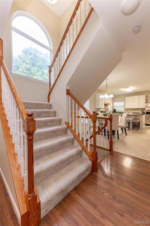 602 Whispering Willows Ct, Ballwin, MO 63021 - stairs featuring wood finished floors and a chandelier