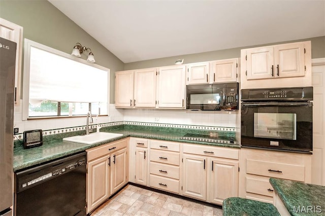 7040 Oak Shadow Ln, High Ridge, MO 63049 - kitchen with black appliances, decorative backsplash, dark countertops, and lofted ceiling