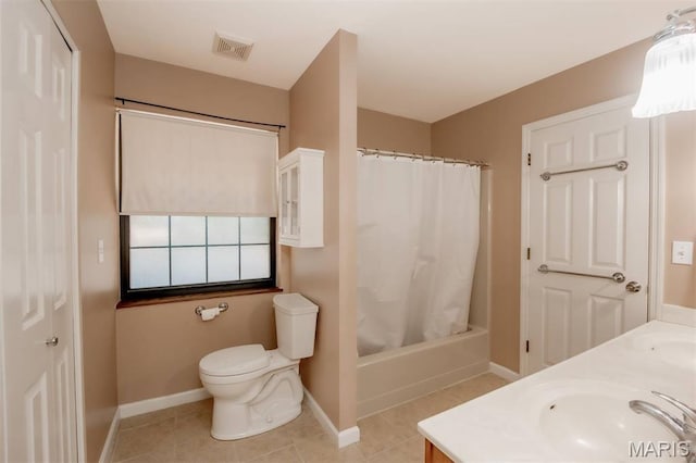 7040 Oak Shadow Ln, High Ridge, MO 63049 - full bathroom featuring tile patterned floors, double vanity, and shower / bath combo with shower curtain