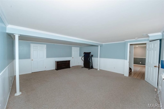 7040 Oak Shadow Ln, High Ridge, MO 63049 - below grade area with a wainscoted wall, carpet floors, and crown molding
