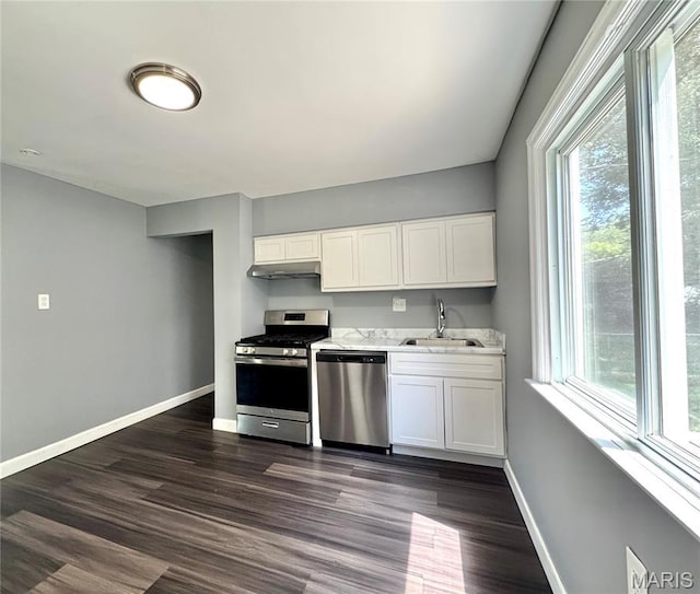 4404 Saint Leo Ln, Saint Ann, MO 63074 - kitchen featuring stainless steel appliances, under cabinet range hood, plenty of natural light, and white cabinetry