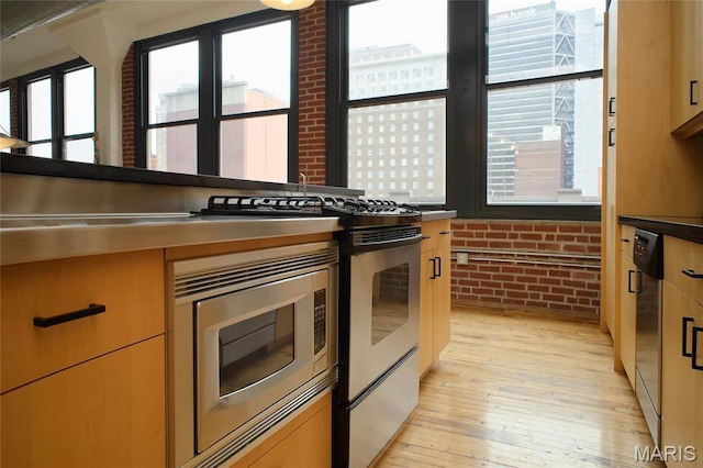 1010 Saint Charles St Unit 802, Saint Louis, MO 63101 - kitchen featuring stainless steel appliances, brick wall, light wood-style flooring, and dark countertops