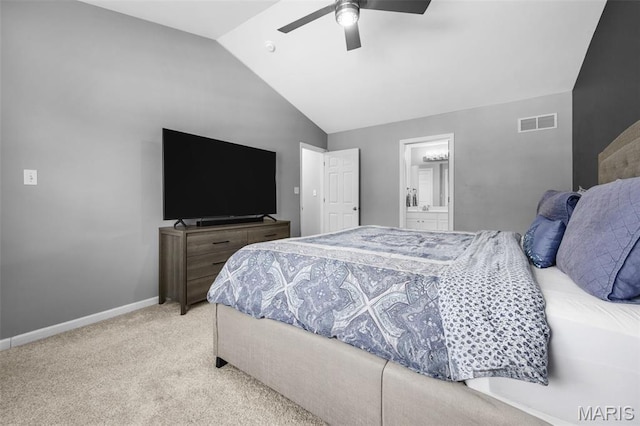 2330 Eagle Pines Dr, Saint Charles, MO 63303 - bedroom with vaulted ceiling, carpet flooring, a ceiling fan, and ensuite bath