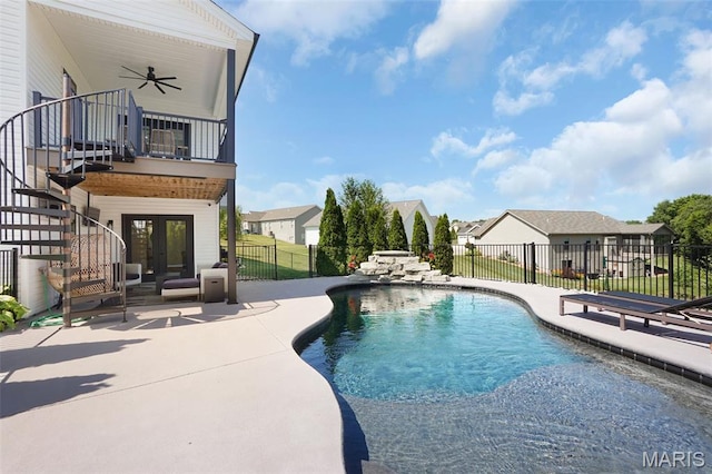 2803 Poolbrook Way, Washington, MO 63090 - view of pool featuring french doors, stairs, a patio, and a ceiling fan