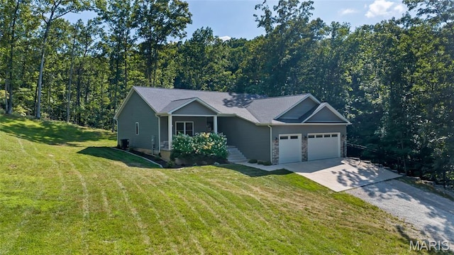 5065 Fox Bridge Rd, Wildwood, MO 63069 - ranch-style home featuring an attached garage, driveway, and a front yard
