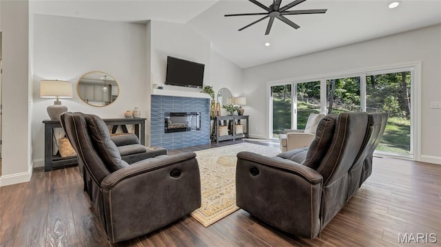 5065 Fox Bridge Rd, Wildwood, MO 63069 - living room featuring plenty of natural light, a fireplace, a ceiling fan, high vaulted ceiling, and recessed lighting