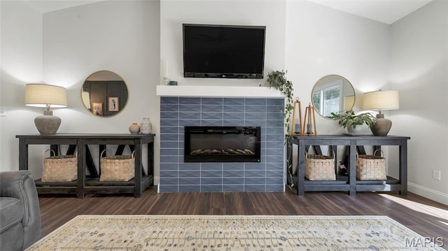 5065 Fox Bridge Rd, Wildwood, MO 63069 - living room with wood finished floors, a fireplace, and vaulted ceiling