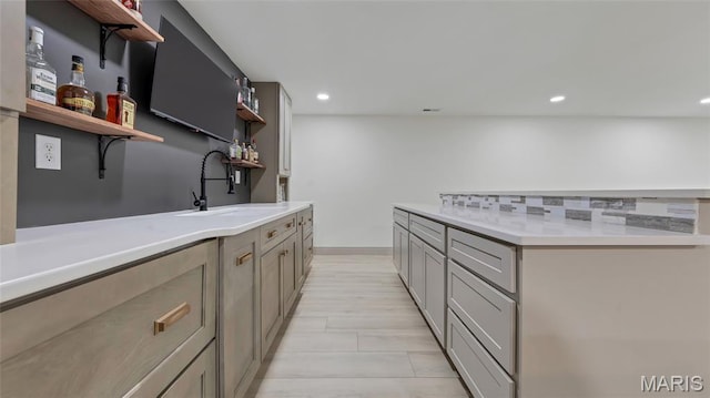 5065 Fox Bridge Rd, Wildwood, MO 63069 - kitchen featuring open shelves, gray cabinetry, light countertops, and recessed lighting