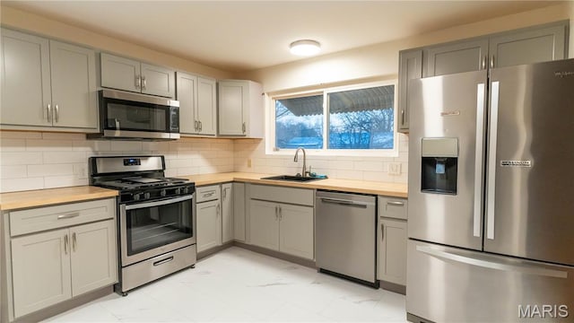 2480 Cambridge Dr, Florissant, MO 63033 - kitchen with appliances with stainless steel finishes, butcher block counters, gray cabinets, and light marble finish floors