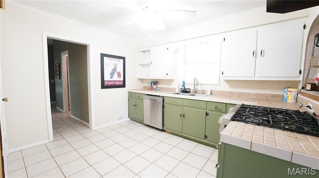 18937 Wayne Route D, Wappapello, MO 63966 - kitchen with stainless steel dishwasher, green cabinets, crown molding, tile countertops, and a ceiling fan