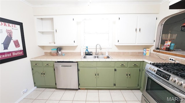 18937 Wayne Route D, Wappapello, MO 63966 - kitchen featuring appliances with stainless steel finishes, open shelves, ornamental molding, white cabinetry, and light tile patterned flooring