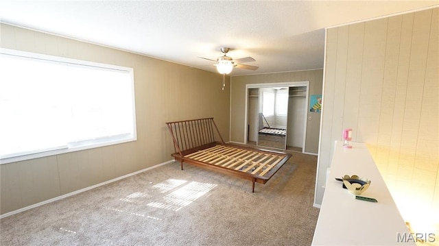 18937 Wayne Route D, Wappapello, MO 63966 - unfurnished bedroom with carpet, a closet, a ceiling fan, and a textured ceiling