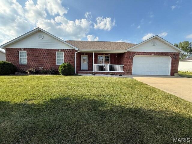 132 Timberlake, Damiansville, IL 62215 - ranch-style house with a porch, an attached garage, brick siding, and a front yard