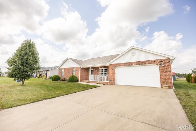 132 Timberlake, Damiansville, IL 62215 - ranch-style house featuring brick siding, covered porch, an attached garage, and a front lawn