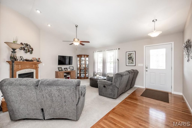 132 Timberlake, Damiansville, IL 62215 - living room featuring ceiling fan, a premium fireplace, light wood-style floors, vaulted ceiling, and recessed lighting