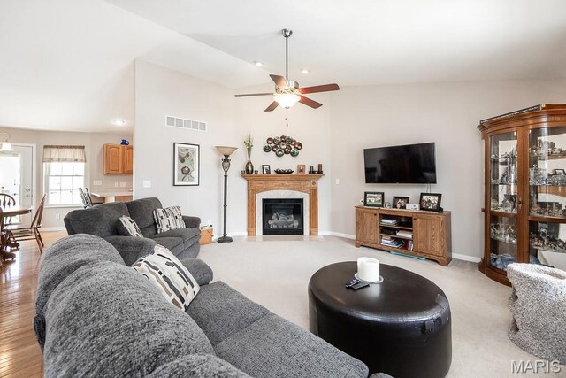 132 Timberlake, Damiansville, IL 62215 - living area with ceiling fan, a glass covered fireplace, and lofted ceiling
