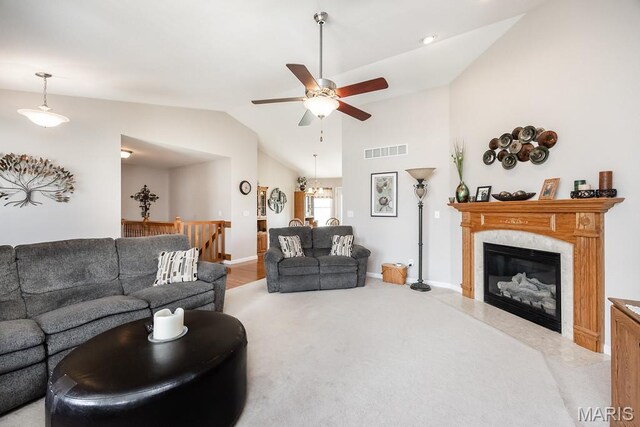 132 Timberlake, Damiansville, IL 62215 - living room with vaulted ceiling, a ceiling fan, and a high end fireplace