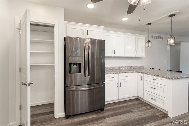 5 Lakeshore Dr, New Baden, IL 62265 - kitchen with stainless steel refrigerator with ice dispenser, ceiling fan, dark wood-style flooring, white cabinets, and light stone countertops