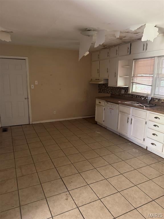 935 Pershing St, Poplar Bluff, MO 63901 - kitchen featuring light tile patterned floors, dark countertops, white cabinetry, and open shelves