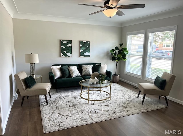 218 Mill St, Bethalto, IL 62010 - living room with wood finished floors, a ceiling fan, and ornamental molding