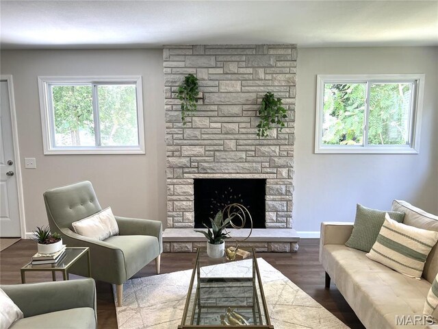 218 Mill St, Bethalto, IL 62010 - living room featuring healthy amount of natural light, wood finished floors, and a stone fireplace