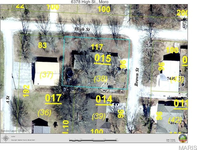 6378 High St, Moro, IL 62067 - aerial view of property's location with property parcel outlined